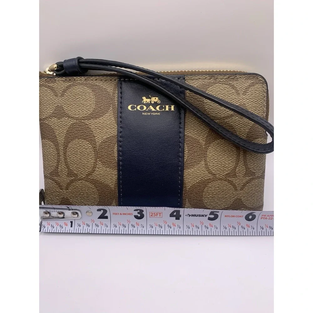 Women's Coach‎ Corner Zip Wristlet In Signature Canvas Khaki Navy